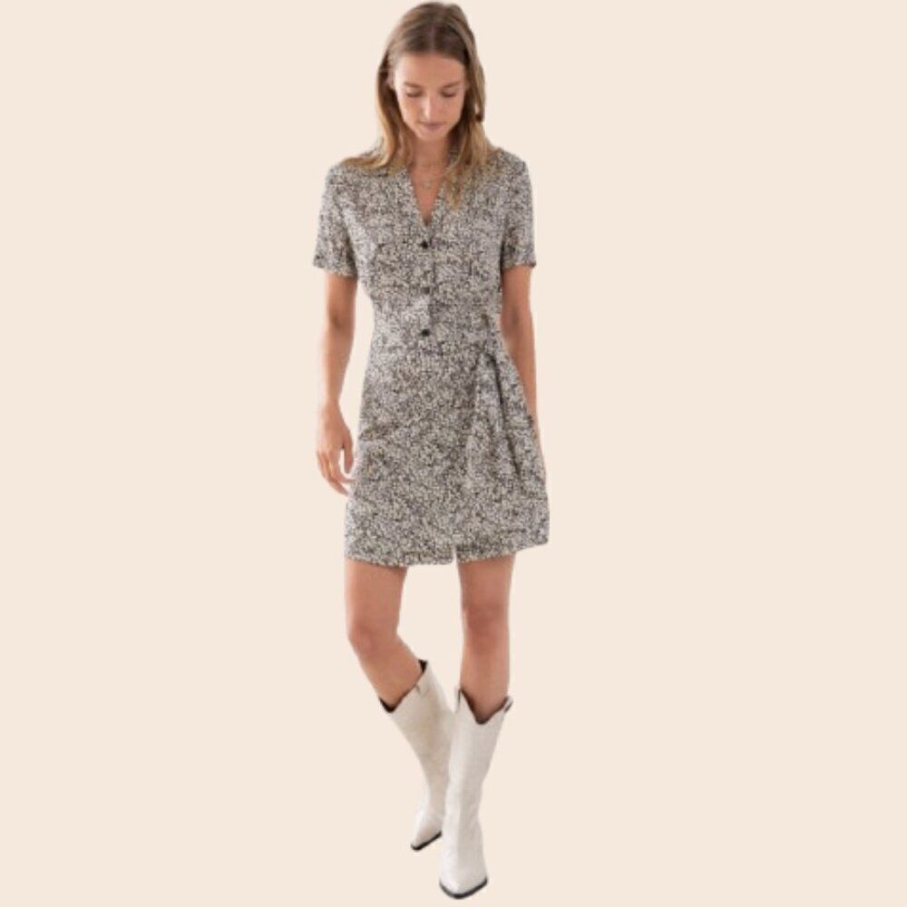 & Other Stories Black & White Side Tie Floral Dot Mini Dress Size 4